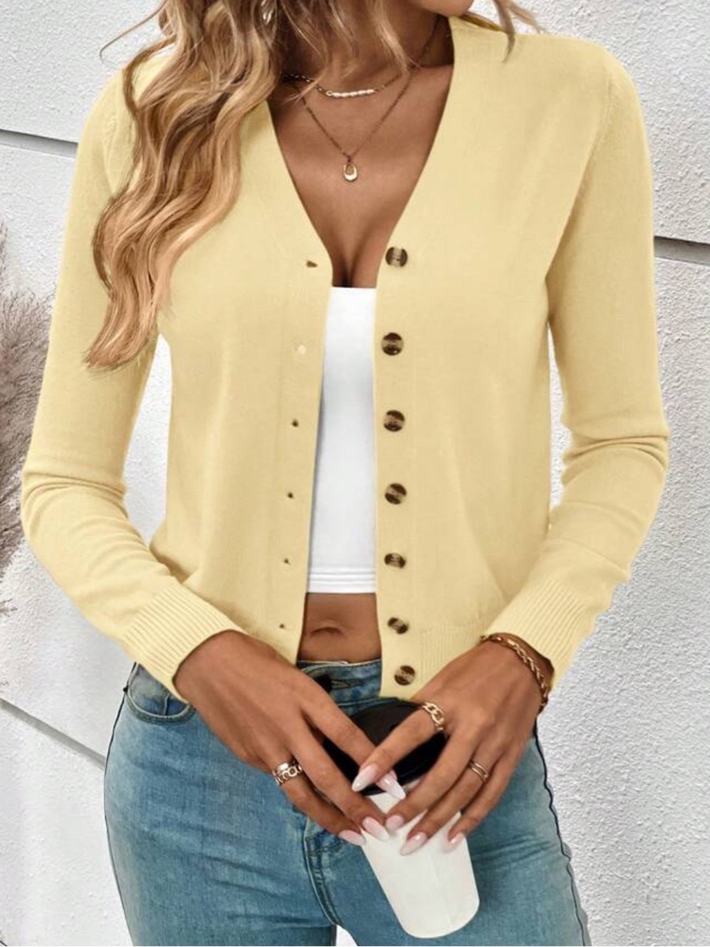 Light Yellow Button-Front Women's Cardigan Sweater